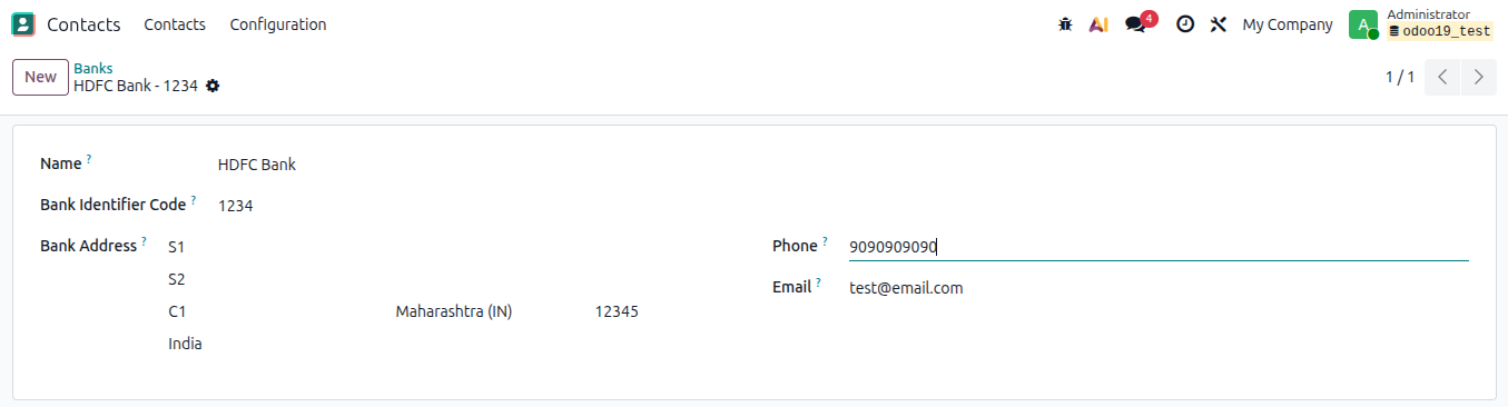 Configure a bank in Odoo 19 - Contact Configuration Banks screen showing bank name, BIC, address, phone, and email fields