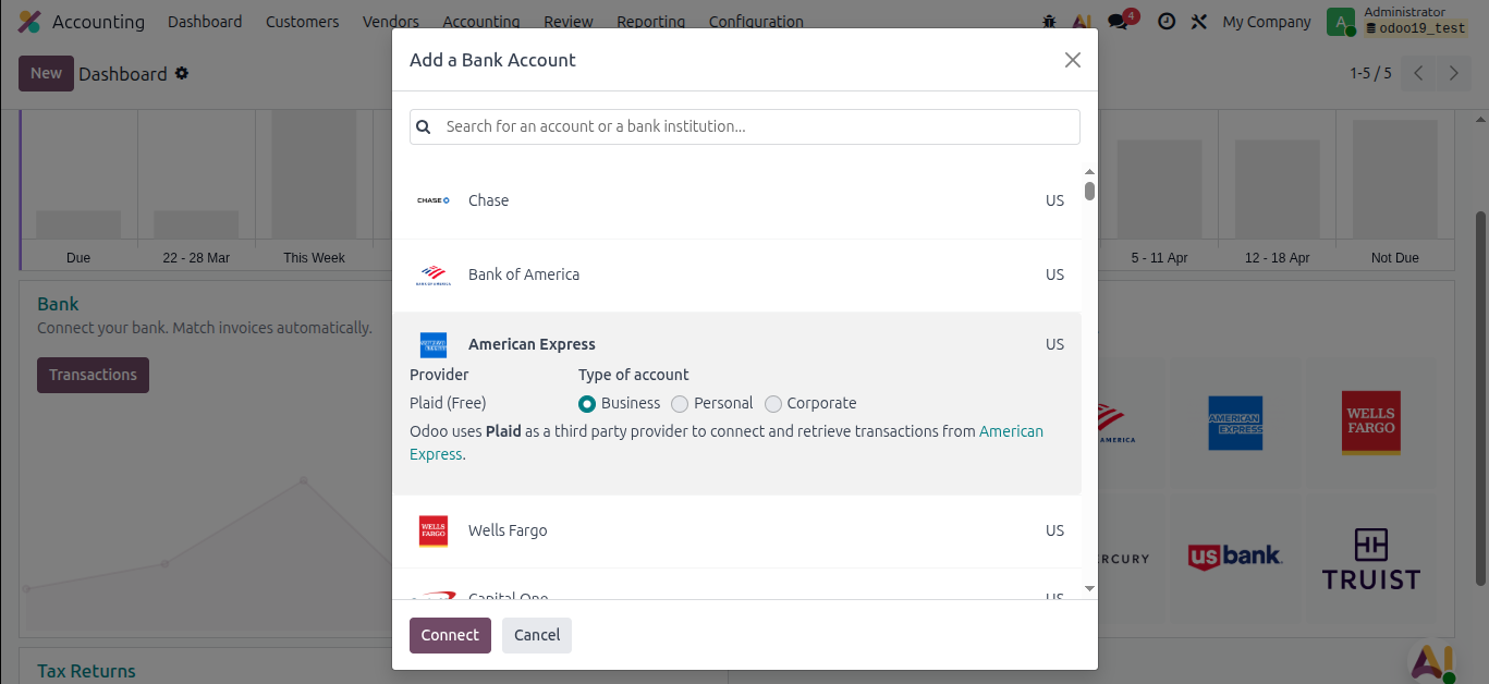 Odoo 19 bank auto-sync setup - selecting bank provider from synchronization wizard (step 2)