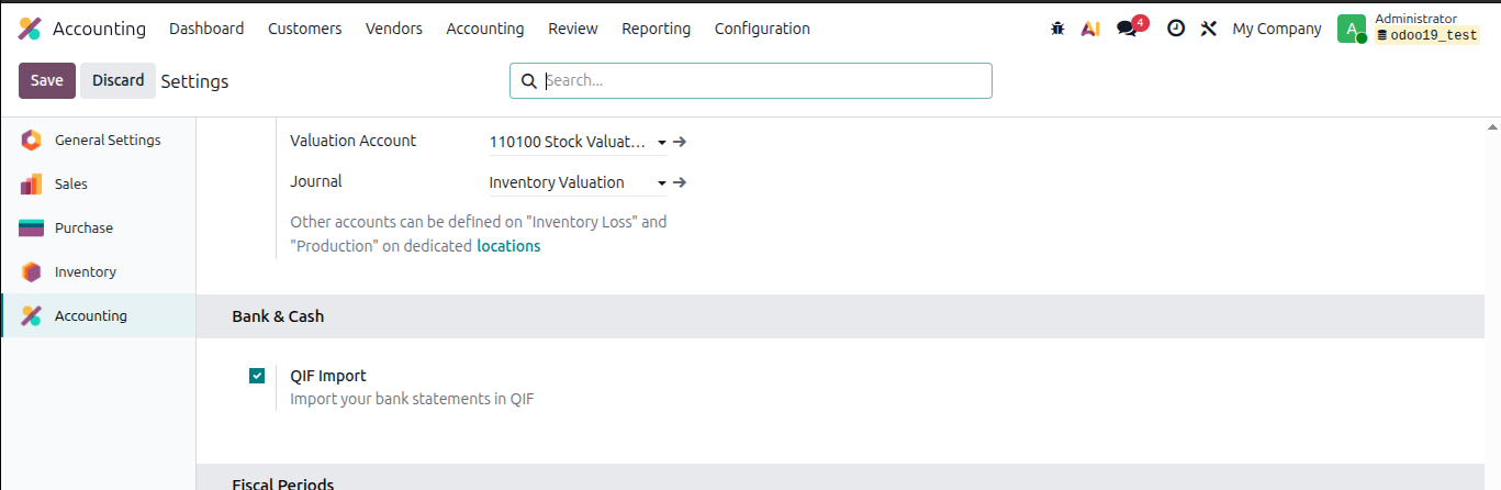 Enable QIF import in Odoo 19 - Accounting Settings Bank and Cash section showing QIF Import toggle