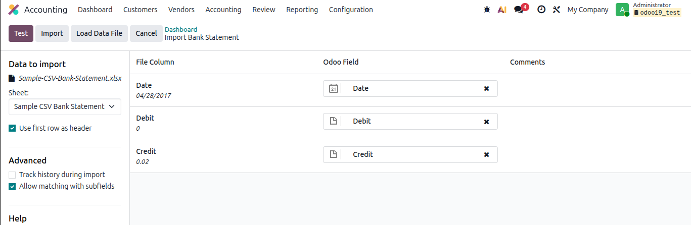 Odoo 19 bank statement import - transaction preview screen showing columns for date, label, and amount