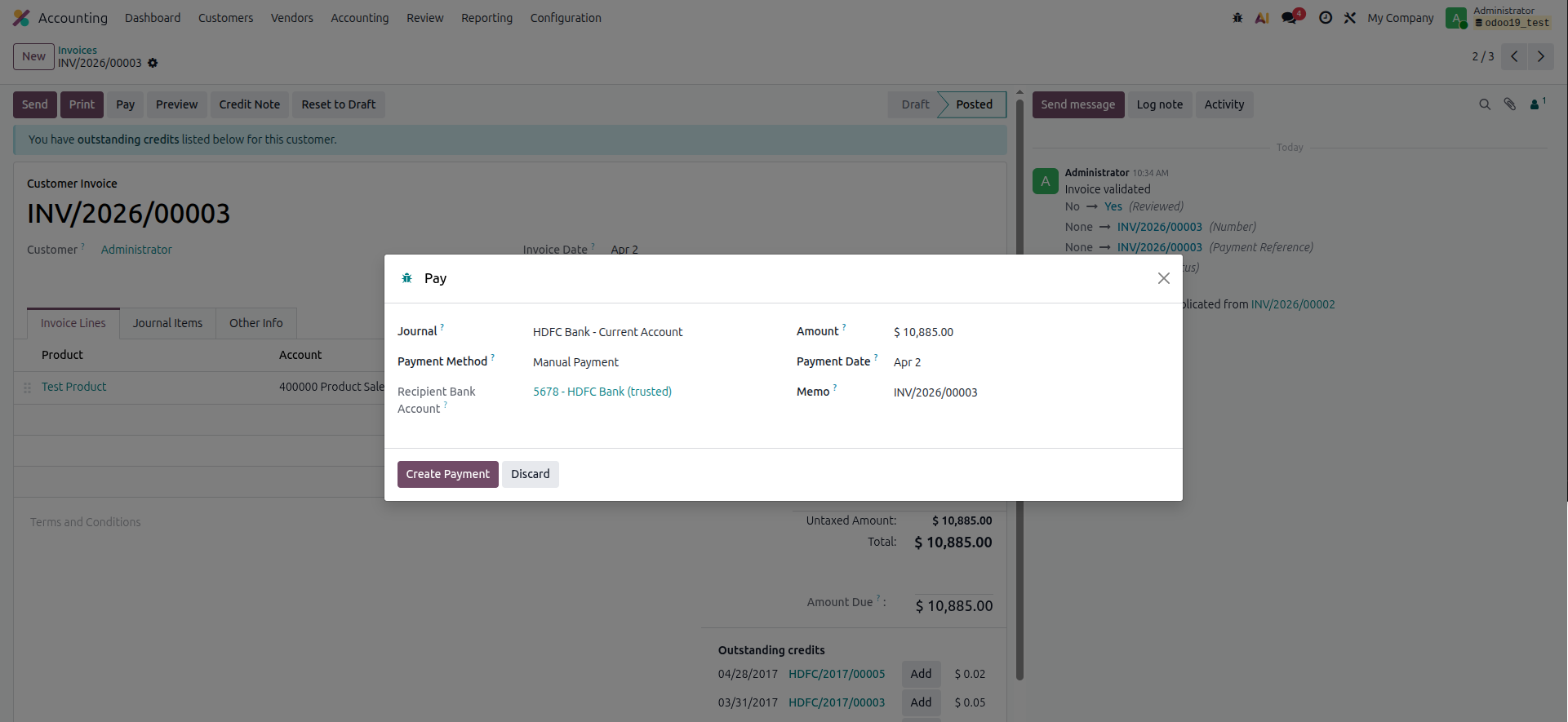 Register customer invoice payment in Odoo 19 - Register Payment dialog with journal, date, amount, and memo fields