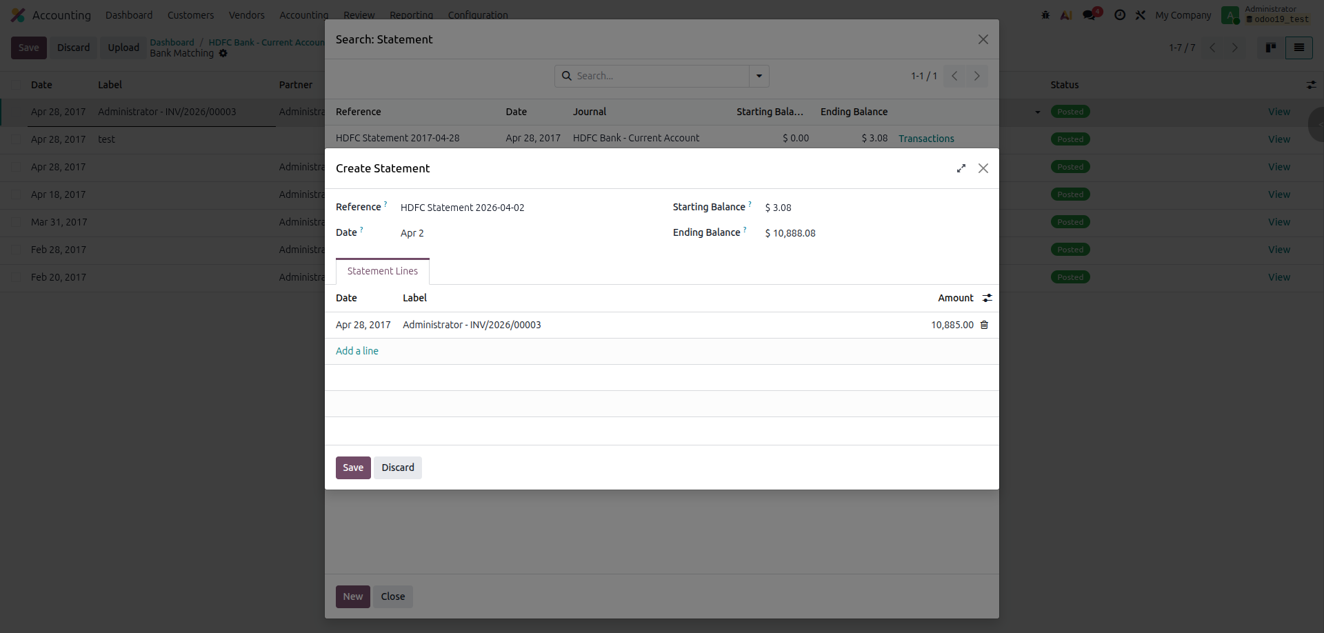 Create manual bank transaction in Odoo 19 - Transactions button on Accounting Dashboard bank journal card