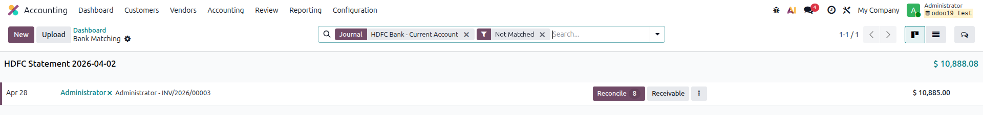 Odoo 19 Bank Matching View showing list of pending bank transactions ready for reconciliation