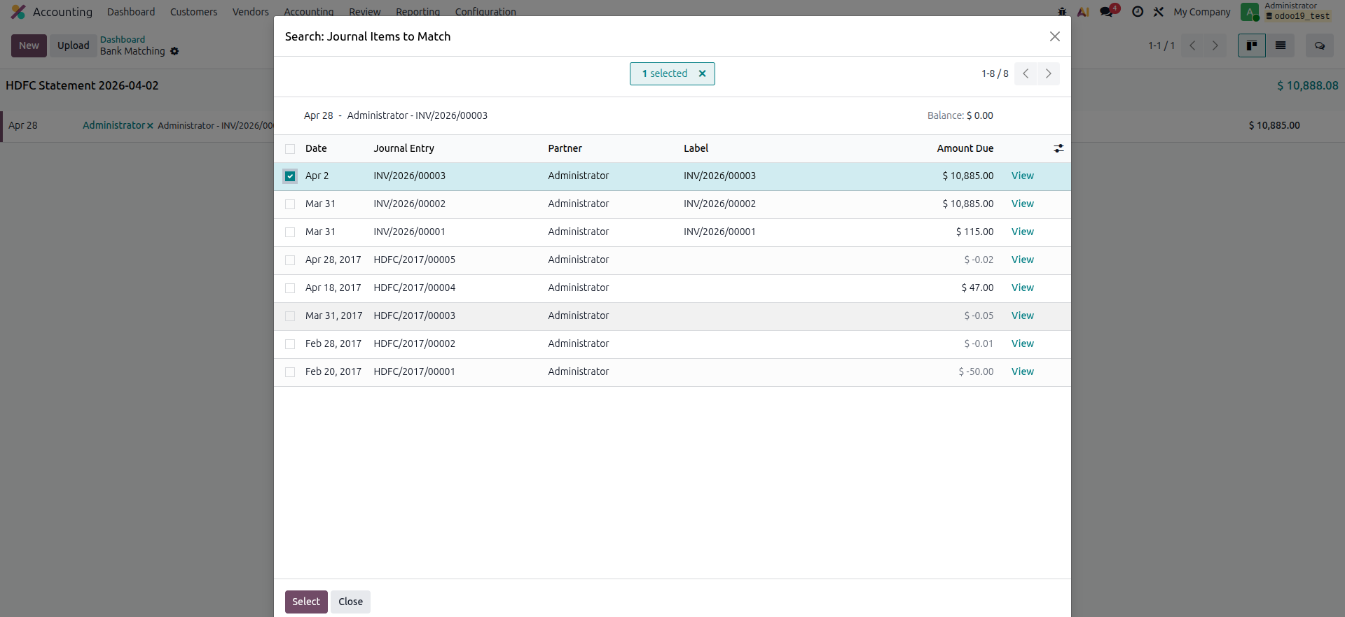 Odoo 19 Bank Matching View - Reconcile action button with suggested invoice match highlighted for selection