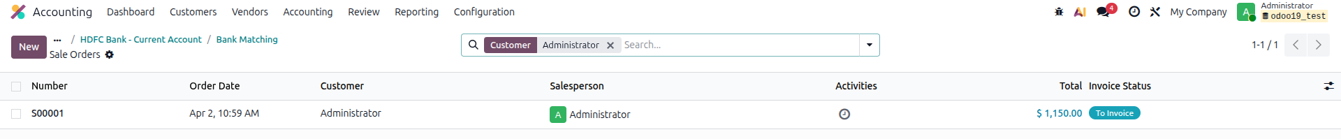 Odoo 19 create invoice from bank transaction - linking an uninvoiced sales order to an incoming bank payment