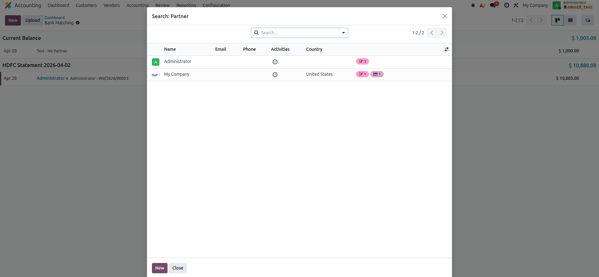 Odoo 19 Set Partner dialog - manually assigning a customer or vendor to an unrecognized bank transaction