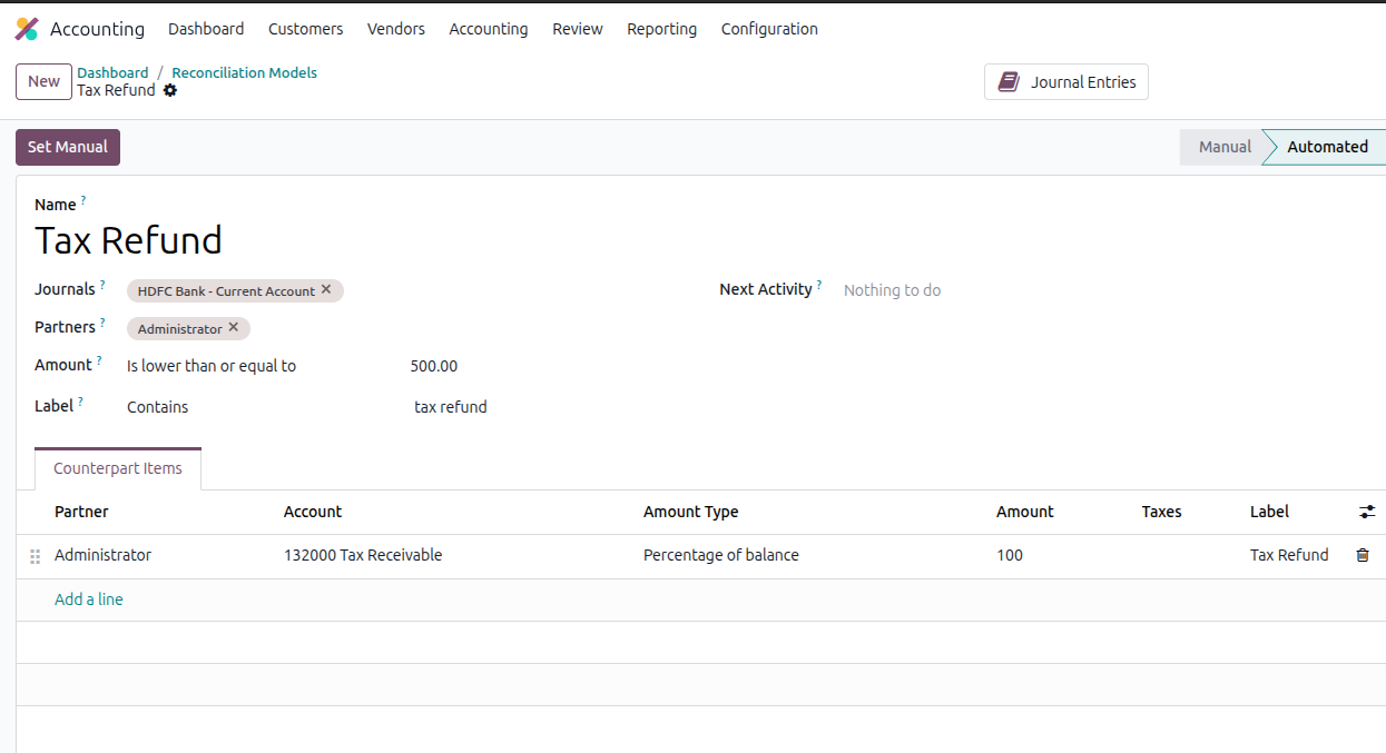 Odoo 19 reconciliation model configuration - setting conditions and counterpart accounts for automatic bank transaction reconciliation