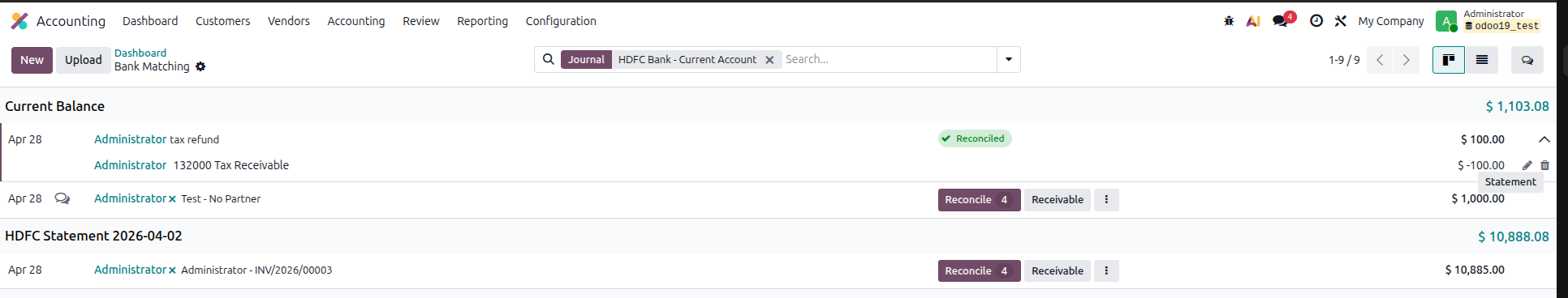 Odoo 19 reconciliation model example - Tax Refund model showing automatic posting rule with label condition and counterpart account