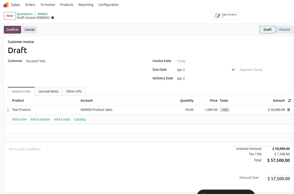Odoo 19 bank reconciliation example Step 2 - invoice draft created from confirmed sale order showing amount of 57,500