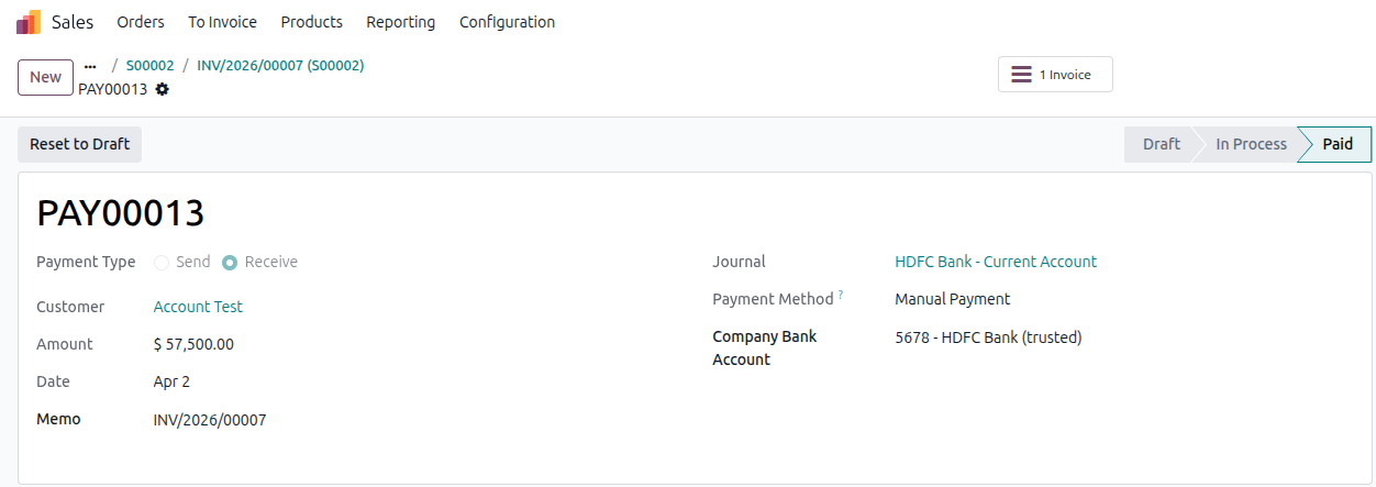 Odoo 19 bank reconciliation example Step 4 - invoice status changes to In Payment after registering payment against it