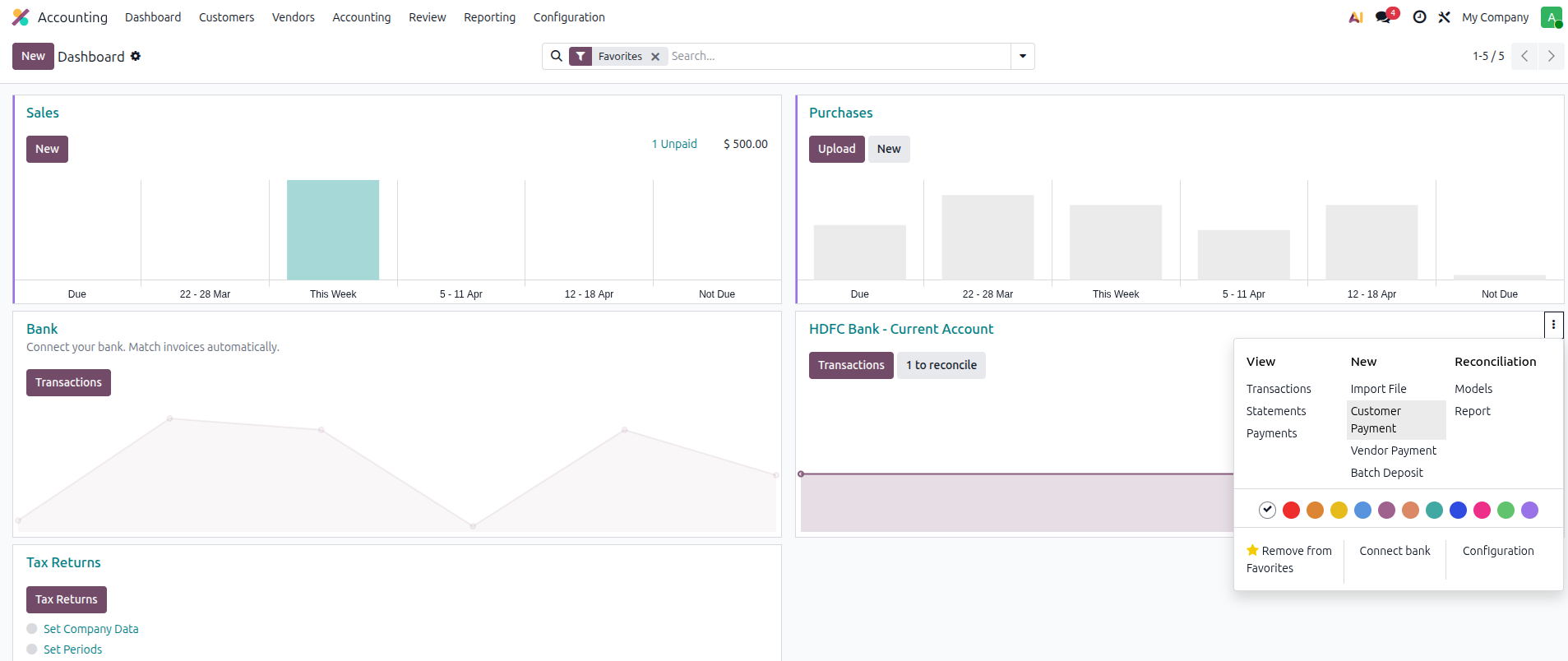 Odoo 19 bank reconciliation example Step 5 - importing bank statement file using Import File button on HDFC Bank journal card