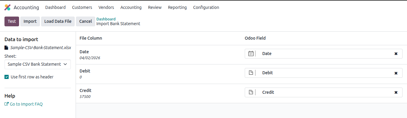 Odoo 19 bank reconciliation example Step 5 - bank statement import preview showing 57,500 transaction from Account Test on 2nd April 2026